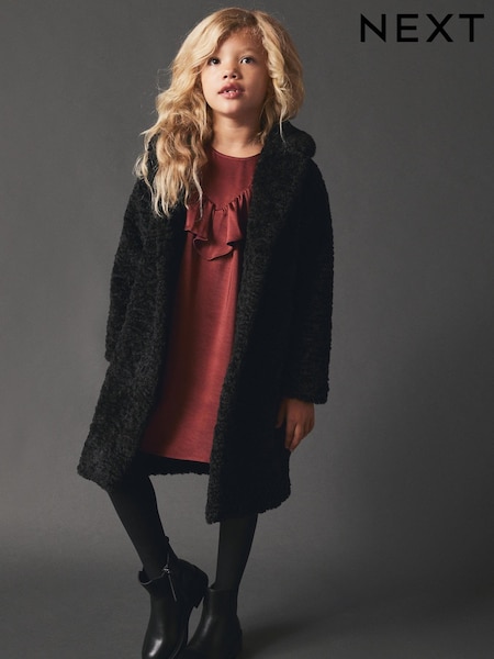 Black Longline Teddy Borg Fleece Coat (3-16yrs) (612594) | € 20 - € 26