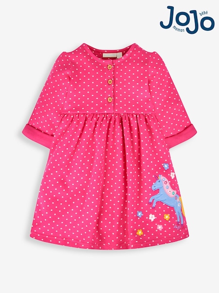 JoJo Maman Bébé Raspberry Pink Unicorn Appliqué Button Front Dress (613366) | AED128