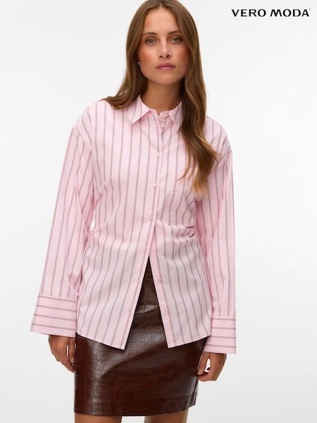 ורוד - Vero Moda Long Sleeve Belted Stripe Shirt