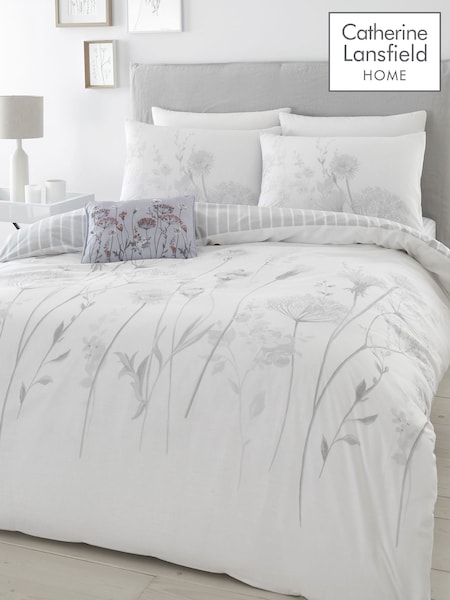 Catherine Lansfield Grey/White Meadowsweet Floral Reversible Duvet Cover Set (614643) | ₪85 - ₪176