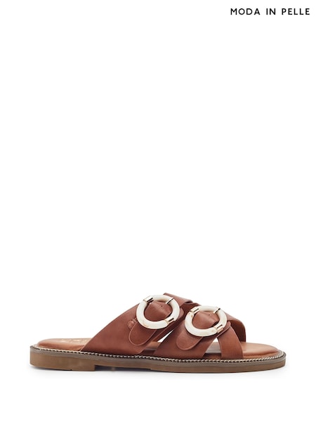 Brown - Moda In Pelle Navya Flat Cross Straps Mule Sandals