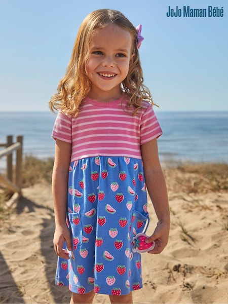 JoJo Maman Bébé Pink Stripe & Strawberry Print With Pet In Pocket Combo Dress (614879) | €37