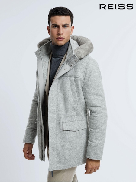 Reiss Grey Melange Tremezzo Atelier Wool Blend Removable Faux Fur Hooded Coat (615494) | €1,447