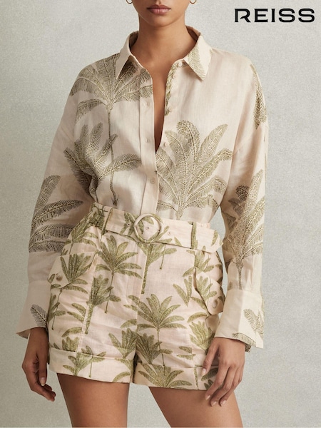 Reiss Neutral Cali Linen Tropical Print Shorts (615765) | €95
