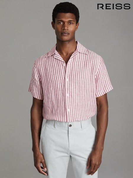 Reiss Pink Stripe Beldi Relaxed 100% Linen Cuban Collar Shirt (615959) | €55