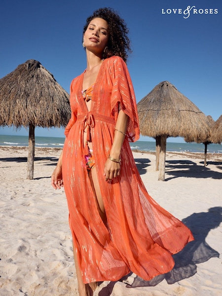 Love & Roses Metallic Trim Detail Kimono (616081) | €71