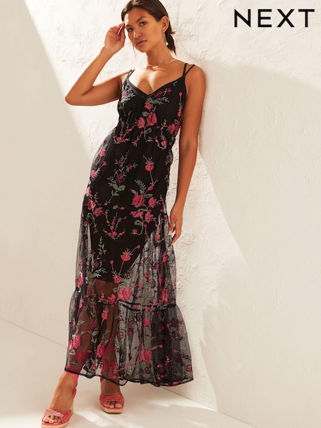 Черный в цветочек - Sheer Embroidered Maxi Dress (617522) | €33