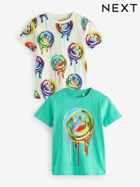 Green/White Drippy Smile Graphic Short Sleeve 100% Cotton T-Shirts 2 Pack (3-16yrs) (617952) | 44 QAR - 59 QAR