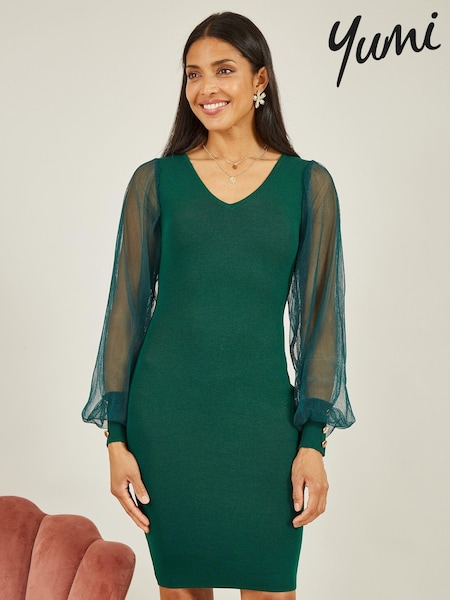 Verde - Rochie mulată tricotată cu mânecă din șifon Yumi Con (618291) | 178 LEI