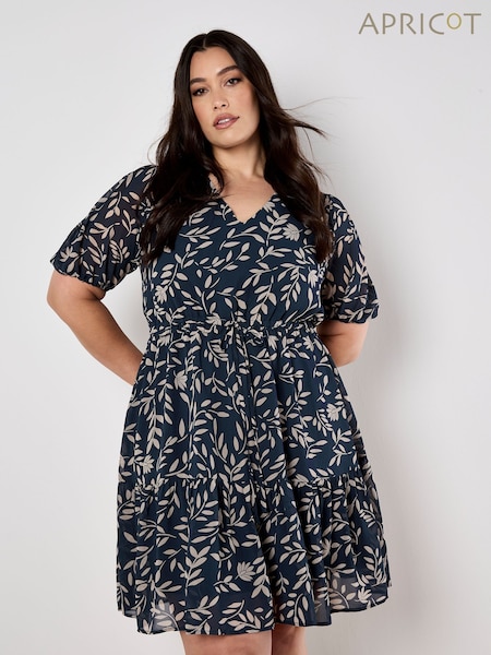 Apricot Navy Blue & Cream Mono Leaf Tie Thru Puff Sleeve Dress (618914) | €44