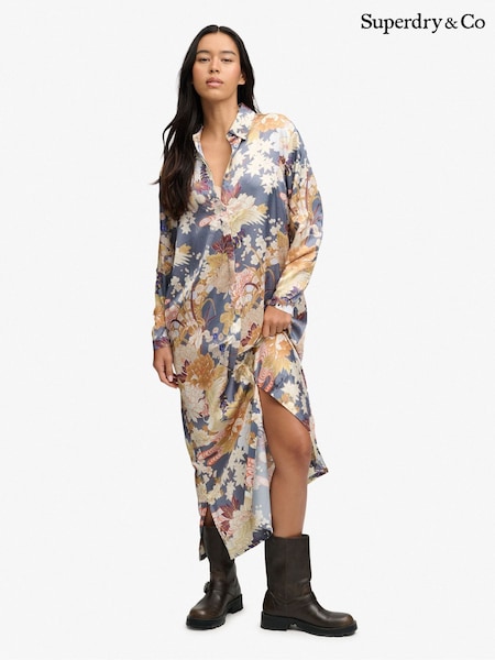 Blue - Superdry Satin Print Floral Maxi Shirt Dress