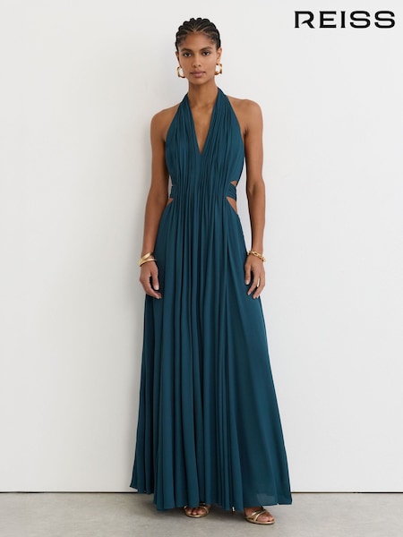 Teal Green - Reiss Cara Halterneck Pleated Maxi Dress