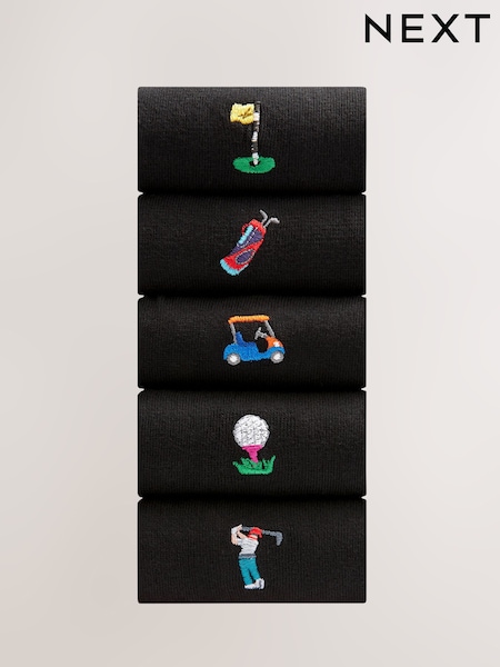 Zwart met golfprint - Standaard - Fun Embroidered Socks 5 Pack (620014) | € 22