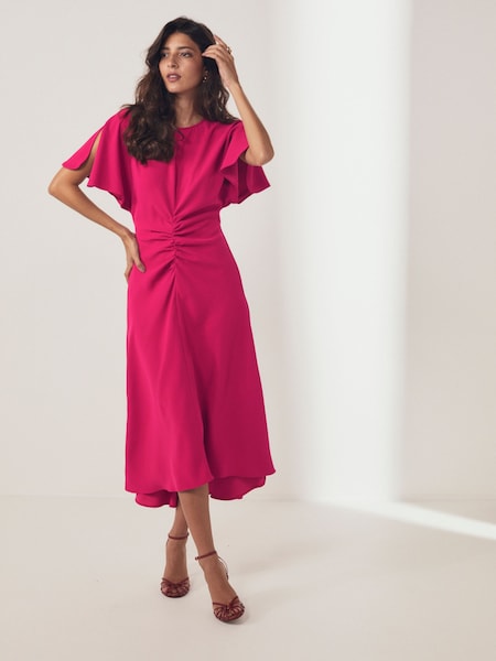 Roz - Rochie midi încrețită Mânecă scurtă (620109) | 144 LEI
