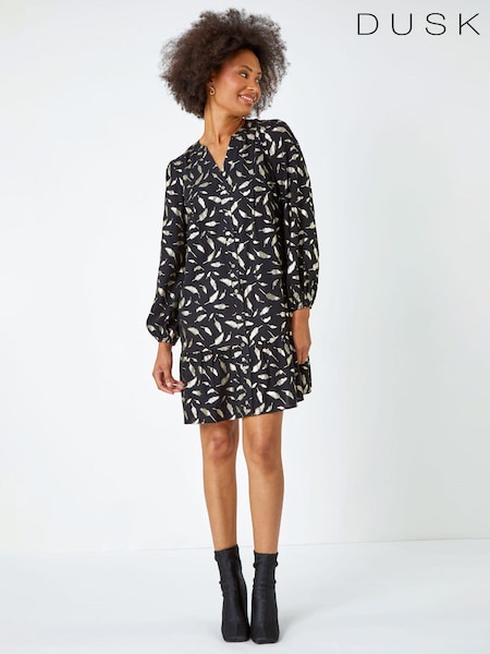 Dusk Black Metallic Foil Feather Shirt Dress (620190) | €30