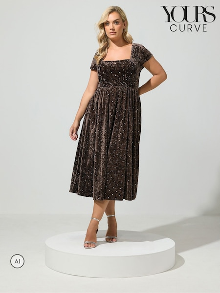 Brown - Yours Curve London Crushed Velvet Glitter Skater Dress