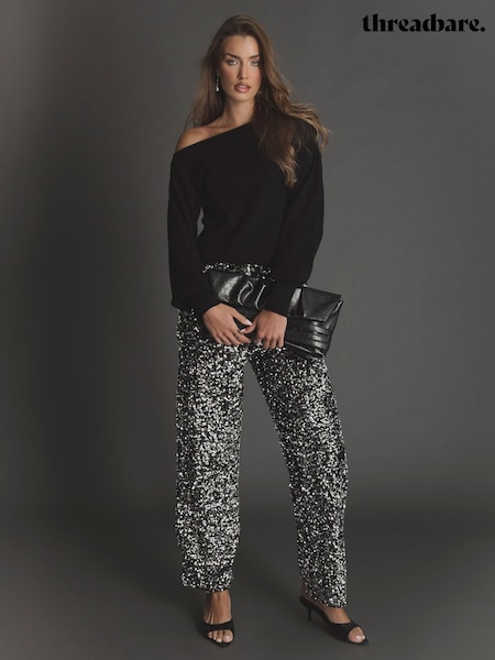 Grey - Threadbare Sequin Wide Leg Trousers