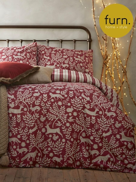 Furn Burgundy Red Skandi Woodland Brushed 100% Cotton Stag Reversible Christmas Duvet Cover and Pillowcase Set (623394) | 139 QAR - 257 QAR