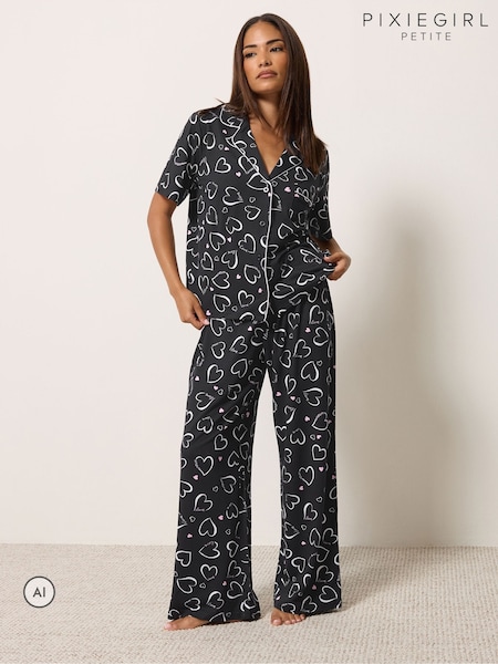 블랙 - Pixiegirl Petite Soft Touch Heart Pyjamas Set