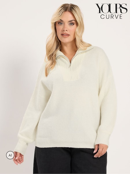 Cream - Yours Curve Zip Neck Knitted Jumper