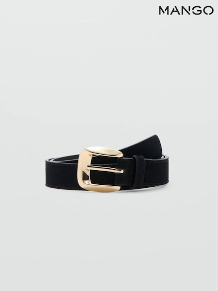 Black - Mango Leather Belt With Gold Buckle