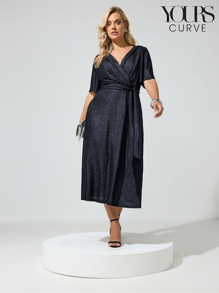 Blue - Yours Curve London Metallic Wrap Dress