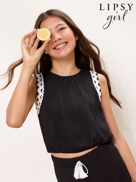 Black - Lipsy Contrast Trim Jersey Bubble Hem Holiday Top (5-16yrs) (5-16yrs)