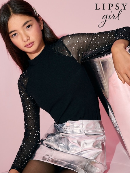 Black - Lipsy Glitter Mesh Party Top (7-16yrs)