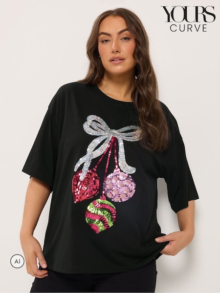 Black - Yours Curve Sequin Baubles Relaxed T-shirt