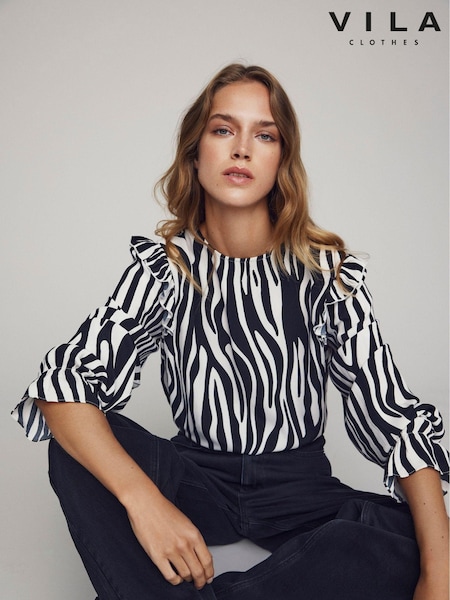 VILA Black & White Zebra Long Sleeve Printed Ruffle Top (625027) | €20