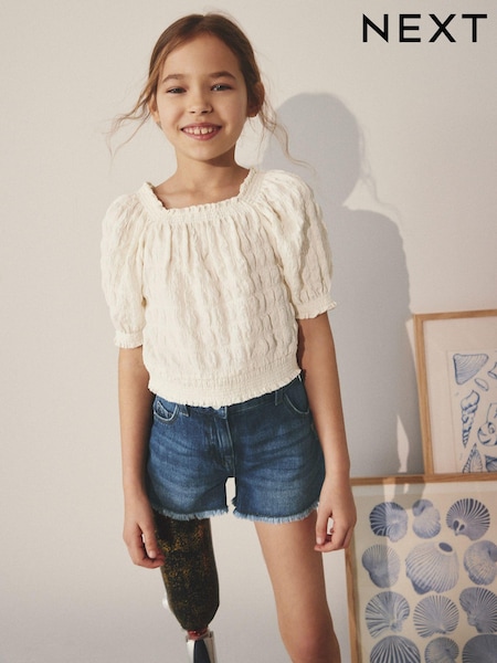Ecru - Bubble Textured Bardot Crop Top (3-16yrs) (625166) | 4 € - 7 €