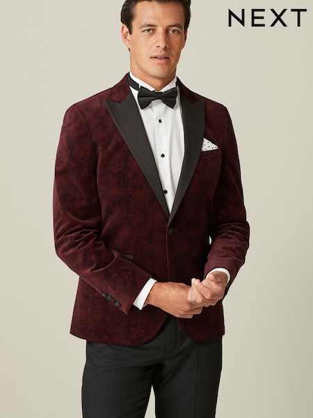 Burgundy Red Floral Slim Printed Velvet Jacket (625323) | €21