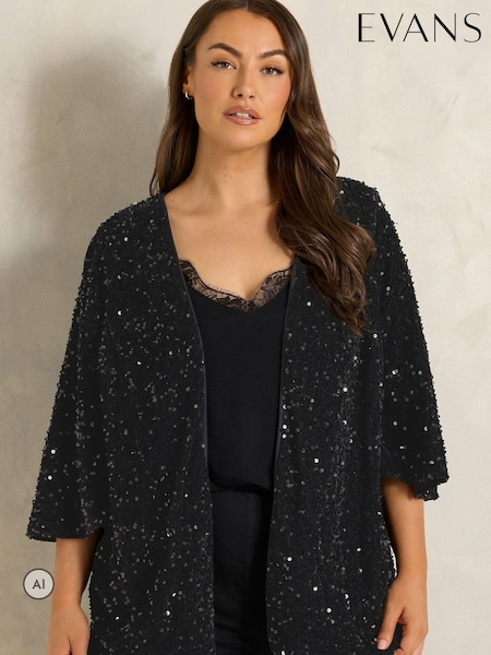 Svart - Evans Velvet Sequin Embellished Kimono
