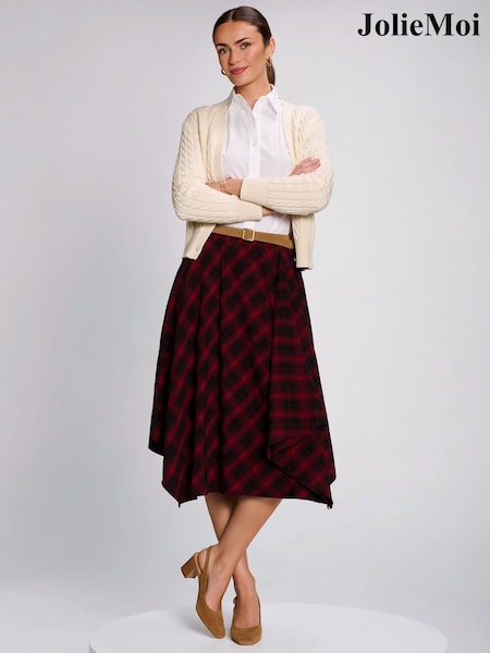 Red - Jolie Moi Check Asymmetric Woven Midi Skirt