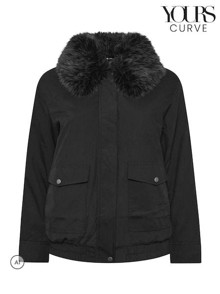 Negru - Jachetă Yours Curve model aviator cu garnitură de blană artificială