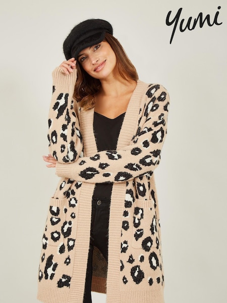 črna - Yumi Long Animal Print Intarsia Knit Cardigan (626599) | € 66