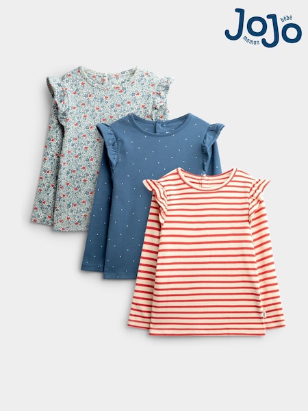 Light Blue Heart Floral - Jojo Maman Bébé 3-pack Frill Shoulder Tops