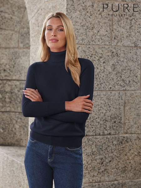 Navy Blue - Pure Collection Cashmere Roll Neck Long Sleeve Jumper