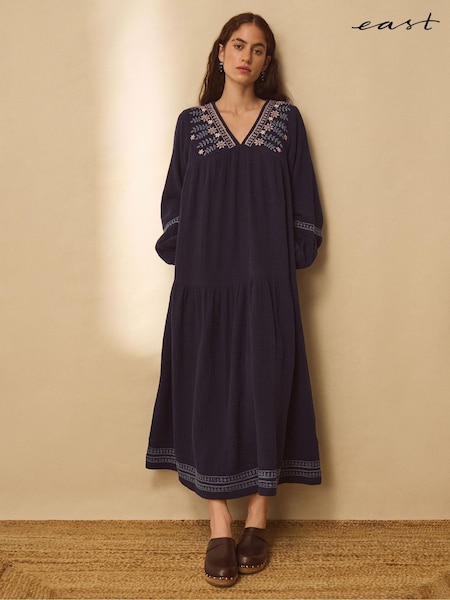Blue - East Carita Hand-embroidered Maxi Dress
