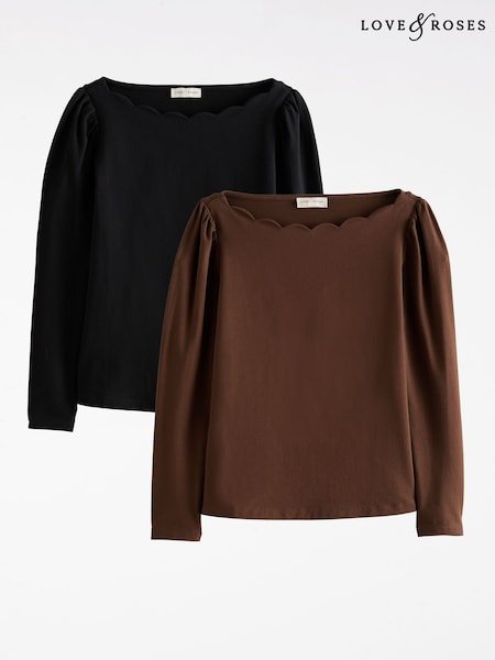 Black and Chocolate Brown - Love & Roses Scallop Boat Neck Long Sleeve Top