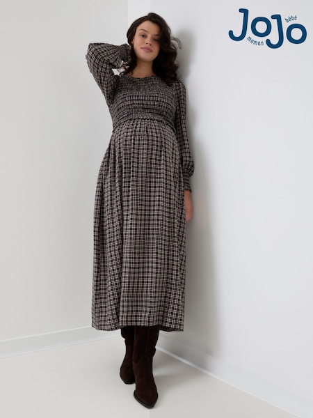 Nero a quadri - Jojo Maman Bébé Long Sleeve Shirred Maternity Midi Dress