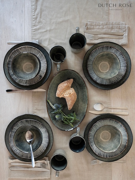 Dutch Rose Green Set of 4 Dinner Plates 12 Piece Set with Pasta Bowls (628421) | €232
