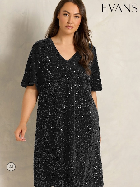 Black - Evans Velvet Sequin Embellished Dress