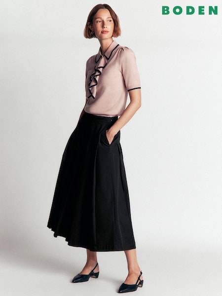Black - Boden Aya Cotton Sateen Midi Skirt