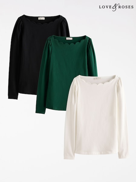 Black White and Green - Love & Roses Scallop Boat Neck Long Sleeve Top