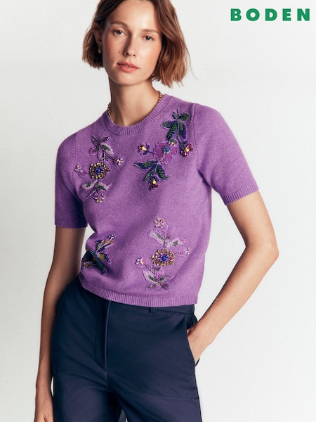 Purple - Boden Ria Embellished Knit T-shirt