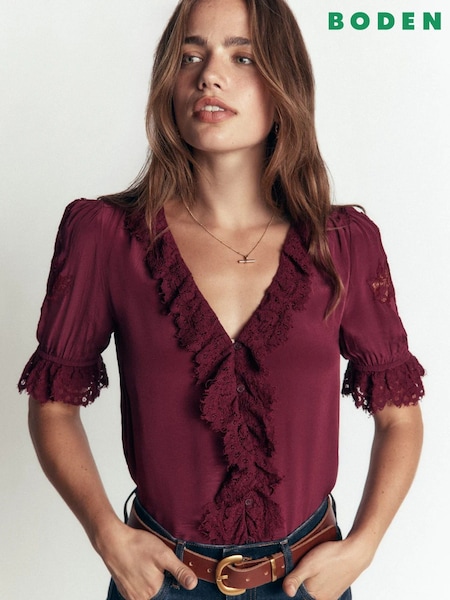 Purple - Boden Ruffle V-neck Lace Top