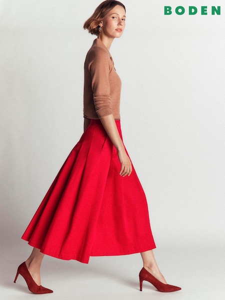 Red - Boden Aya Cotton Sateen Midi Skirt