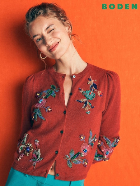 Brown - Boden Ria Embellished Knit Cardigan