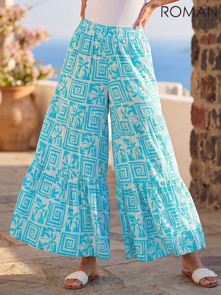 Plavo - Roman Palm Tile Print Tiered Palazzo Pantalone
